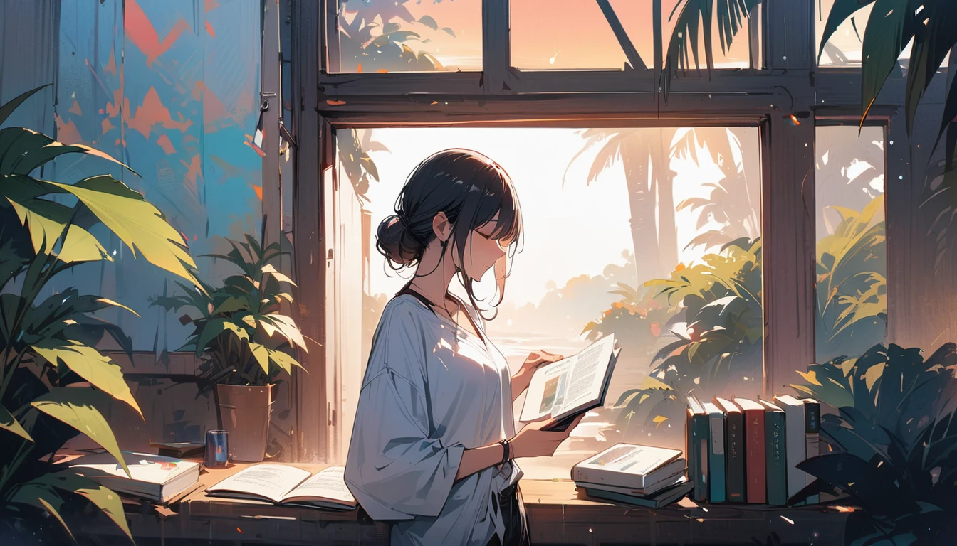 (masterpiece, Highest quality:1.2), 1 Girl, alone,I have a book,Tropical atmosphere