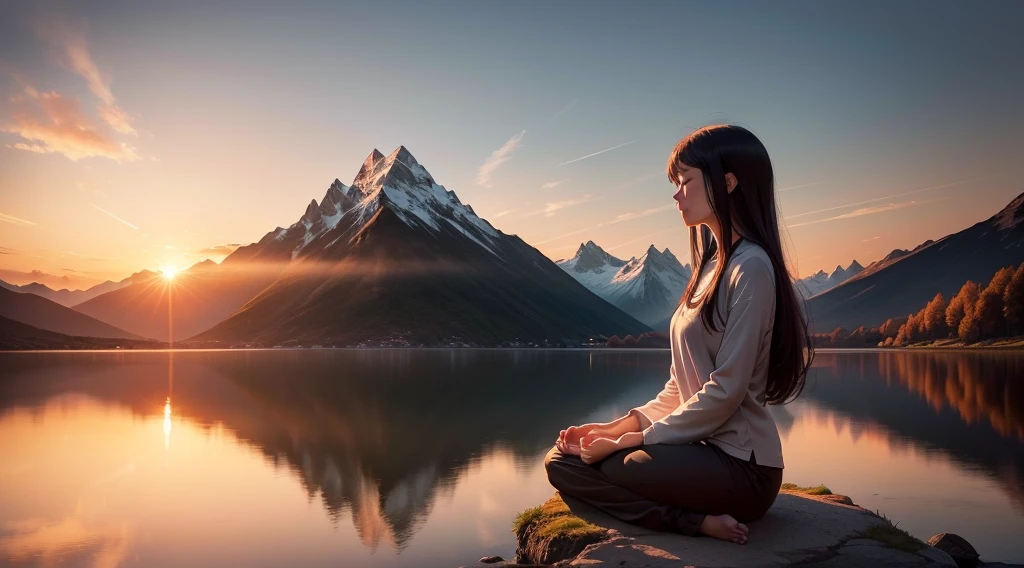 A breathtaking scene with a spectacular sunset over a calm lake surrounded by majestic mountains. In the center of the image, a person stands with their hands clasped in prayer and their eyes closed in deep meditation. Just above them, an artistic representation of God, surrounded by a divine aura of light, gazes compassionately upon the meditating person. The golden light of the setting sun bathes the scenery, creating a tranquil and spiritual atmosphere