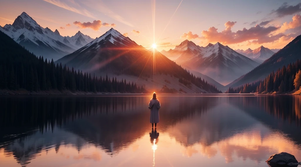 A breathtaking scene with a spectacular sunset over a calm lake surrounded by majestic mountains. In the center of the image, a person stands with their hands clasped in prayer and their eyes closed in deep meditation. Just above them, an artistic representation of God, surrounded by a divine aura of light, gazes compassionately upon the meditating person. The golden light of the setting sun bathes the scenery, creating a tranquil and spiritual atmosphere