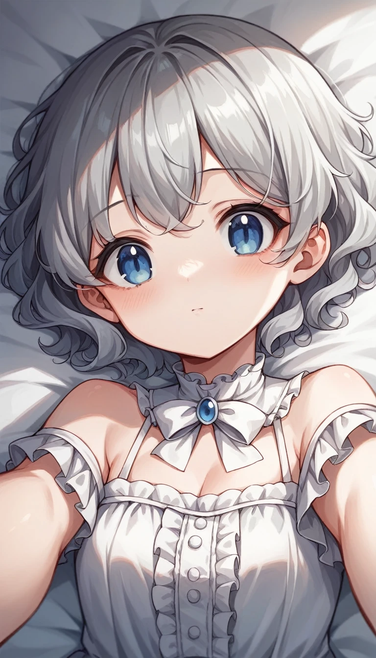 ((high quality,最high quality,8K,Best image quality,))Girl 1,cute,(Gray Hair:1.2),,cute,(Wavy Hair:1.1),(short hair:1.2),Less exposure,Upper body only、(Dark blue eyes:1.1)、(White frills:1.1),(White frillsドレス:1.3)、White gothic clothing,Selfie,Strong winds、Bedroom、Late Night、Lie down on the bed