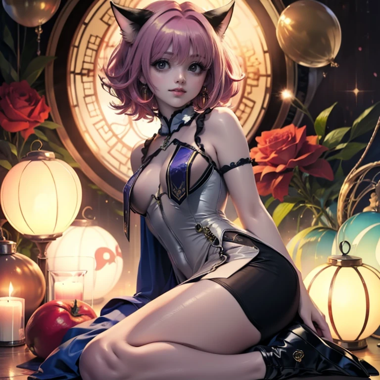 Ichigo Momomiya, Tokyo Mew Mew, short hair, pink hair, ornament hair, cat ears, perfectly body, perfectly hands, flowing hair, maid, maid dress, maid headdress, maid apron, white apron, holding a lantern, Chinese lantern, shrine scenery, red roses on focus, gold lantern, Chinese style, Chinese maid dress, marsala dress, more details on her clothes, black dress with transparency, golden details, night, smiling, ((4k, masterpiece, top-quality)),8k, best quality, high resolution, HD, (illustration:0.8), super cute girl, delicate and beautiful face, mature girl, super cute hairstyle, (beautiful detailed eyes:1.6), extremely detailed face, perfect lighting, extremely detailed CG, (perfect hands, perfect anatomy), Best quality, cleavage, small skirt, full Body, two arms, two legs, two hands, five fingers