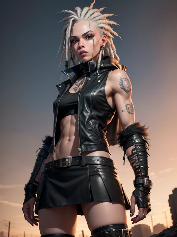 In the Wasteland, 18 year old beautiful girl in Wolf style..., from DC comics, with dreadlocks, intergalactic anti-heroine, known for her cruelty and sarcastic behavior.. He is depicted as an alien humanoid with pale white skin...., long black dreadlocks, and super muscular physique .. His bright red eyes give him a menacing look....... Often dressed in an open black leather vest...., Short skirt, and heavy boots, he has a punk rock look. With tattoos and scars all over my body, emphasizing his seasoned character.,
