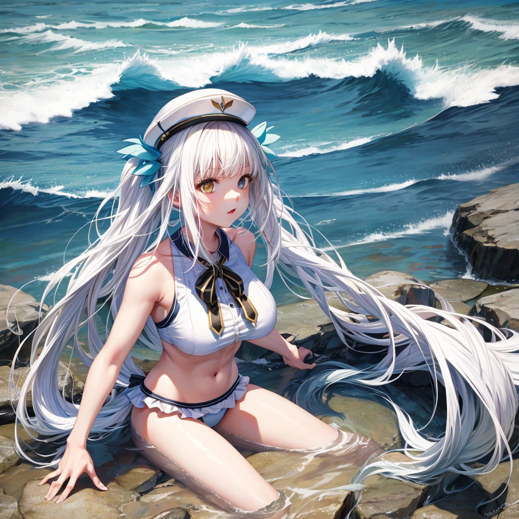 Masterpiece, top quality,1 girl, anime girl Wearing a wet bikini, silver hair , Beach as background , super detail, 4k wallpaper , detail eyes,Seductive pose