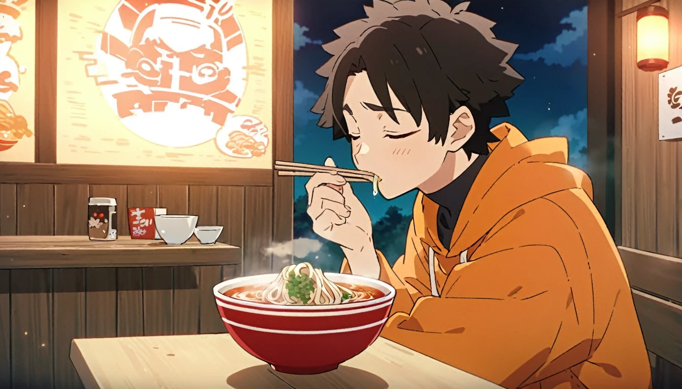 Anime screencap, anime screenshot, Naruto slurps noodles into his mouth, broth dripping down his chin as he savors the flavor.He sits at a small table outside a run-down ramen shack, steam rising from the steaming bowl. The neon sign above flickers, reading "Ichiraku Ramen". Naruto's eyes are closed in bliss as he chews, slurping loudly. His orange jumpsuit is stained with grease and food, but he doesn't care - this is his favorite meal. *He takes another noisy slurp, the camera zooming in on the steaming hot noodles.