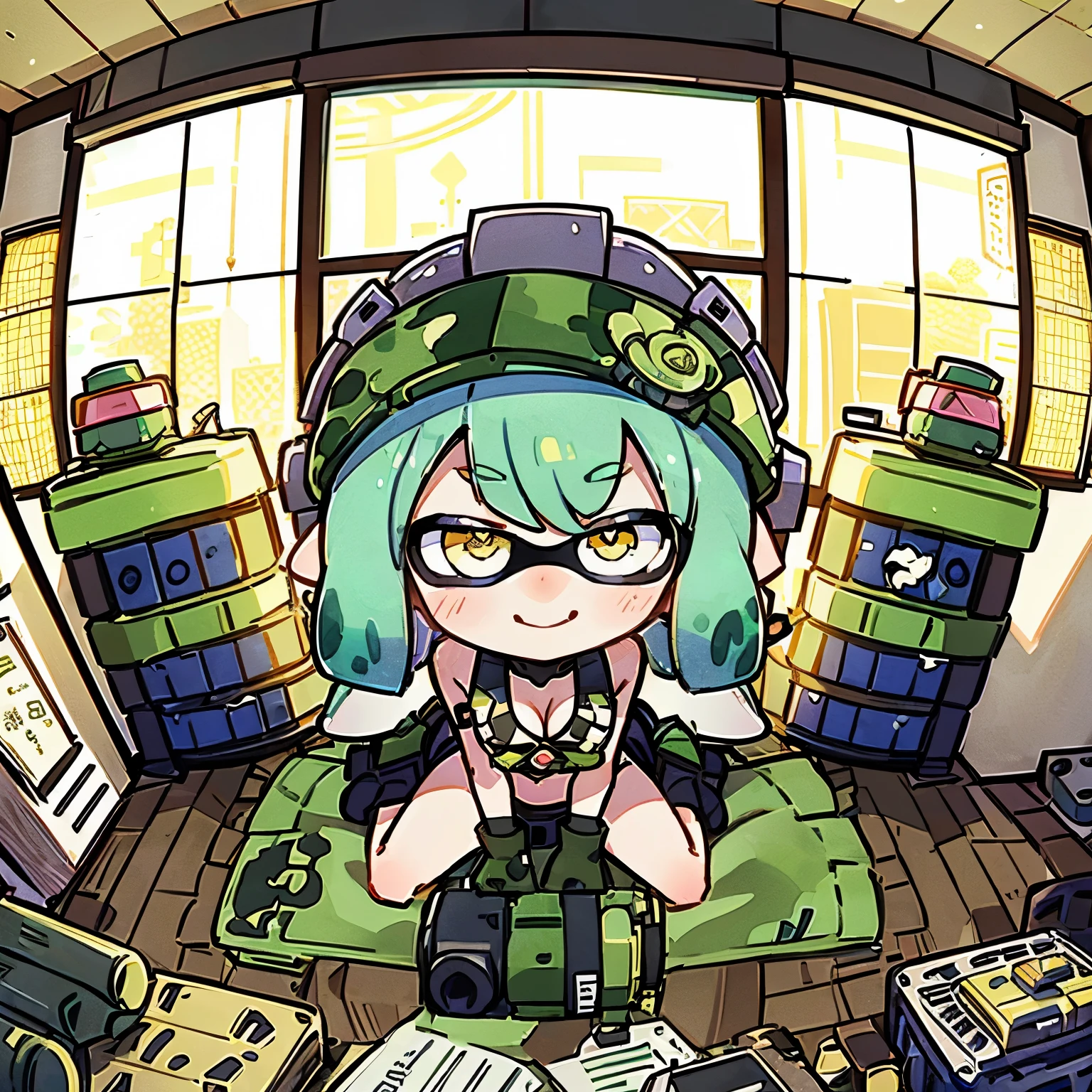 (splatoon girl:1.2)、Focus on Girls、Armory、From above、(Security camera footage)、Armoryの中で立っている、Sitting at a desk、Golden Eyes、Camouflage-colored tentacles、((Camouflage Bikini、Big Breasts、Cleavage))、View your audience、(smile)、Have a weapon、、(There are a lot of guns on the wall:1.2、Scattered ammunition、Stacked ammo boxes)、Detailed facial depiction、((Fisheye Lens))、Wide-angle、Draw a larger room、masterpiece、Highest quality、High resolution、8K、Very detailed、One-frame manga situation art、