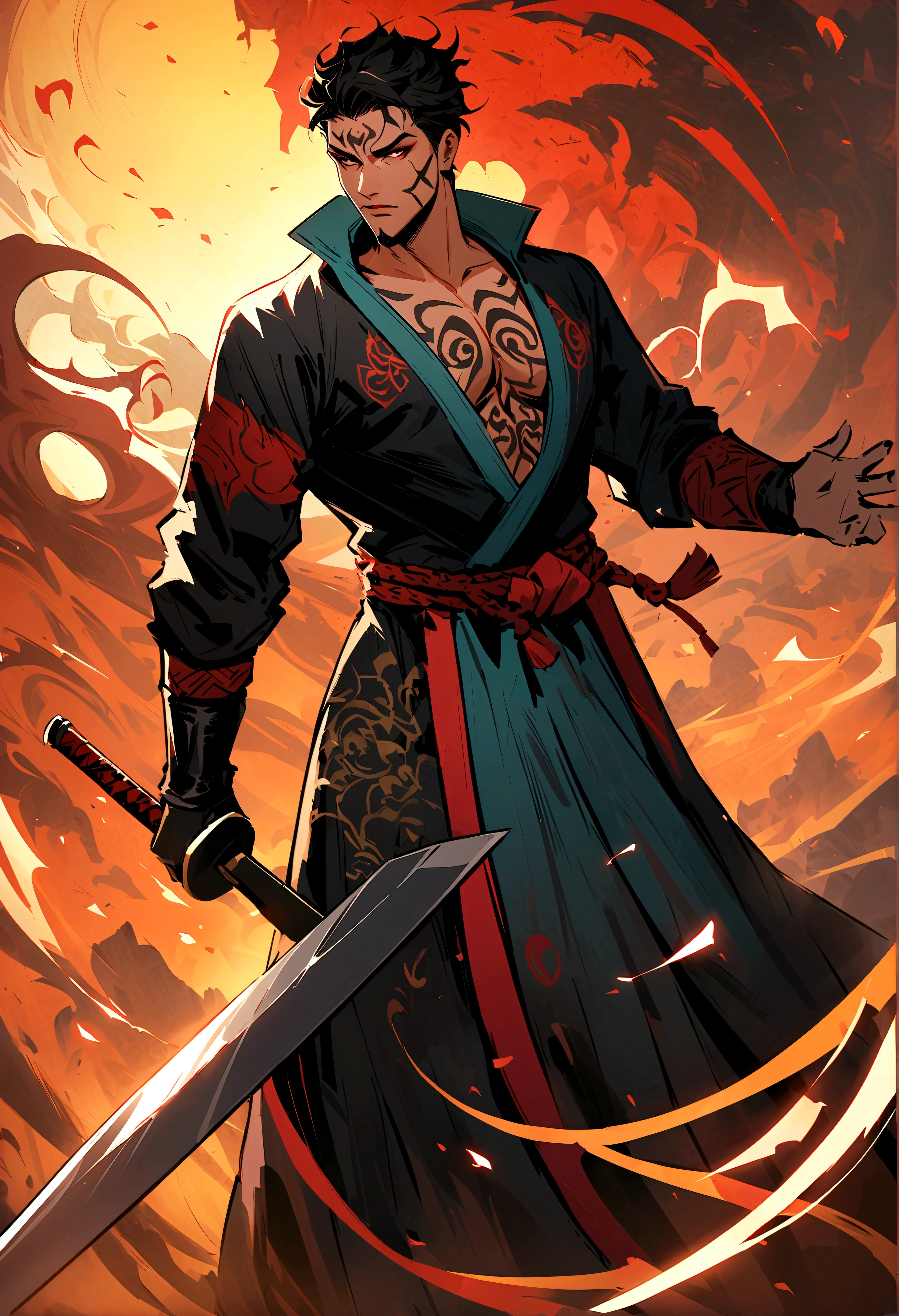 Highest quality、Masterpiece、detailed、4K、8K、Anime Style、a drawing of a man with a sword and a demon, beautiful male god of death, mohrbacher, Inspired by Shunkōsai Hokushū, in the art style of mohrbacher, asura from chinese myth, the god of chaos, inspired by Ryūkōsai Jokei, in style of peter mohrbacher