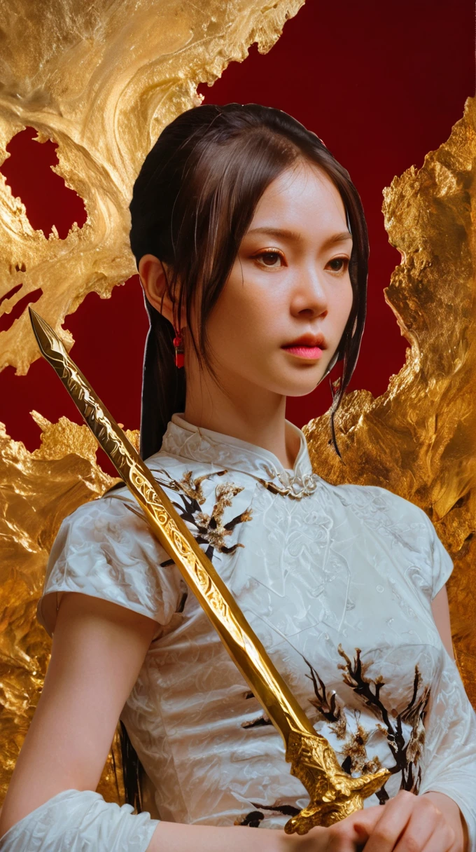 Ultra-high resolution,(((masterpiece))),(((best quality))),((Super detailed)),((extremely delicate and beautiful)),Cinematic light,Detailed environment,(true),(1 girl, alone, Male focus:1.3),(Holding a sword:1.2),(dark red and light gold:1.3),(Hair combed back, flowing hair:1.1),Designed by Greg Manches,smokes,a model woman,Bright Eyes,glossy lips,Futuristic gold face war paint,Art site hot search,phototrue,Eight thousand,Acetate rendering，author：greg rutkowski,Artwork by Carne Griffiths and Wadim Kashin,Dau-al-Set style,Pollock,Inspired by MAPPA and Zdzislaw Beksinski,Hanfu,
