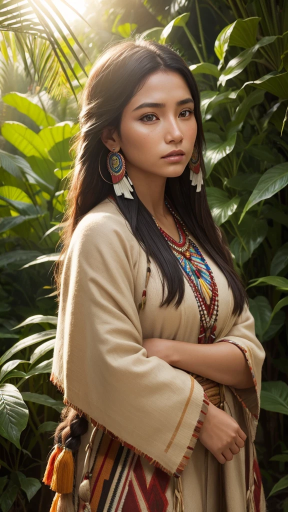 Very beautiful native american woman, traditional cloths, Sharp focus, hyper realistic, evening sunshine, jungle, close-up,