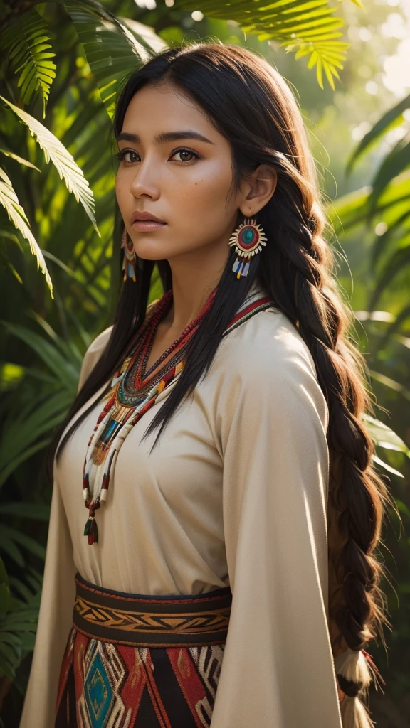 Very beautiful native american woman, traditional cloths, Sharp focus, hyper realistic, evening sunshine, jungle, close-up,