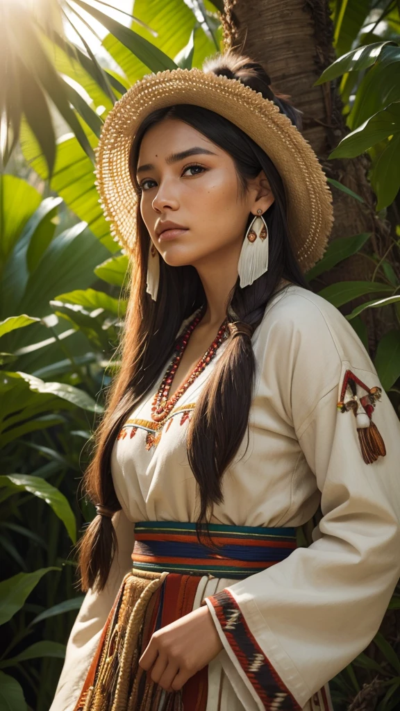 Very beautiful native american woman, traditional cloths, Sharp focus, hyper realistic, evening sunshine, jungle, close-up,