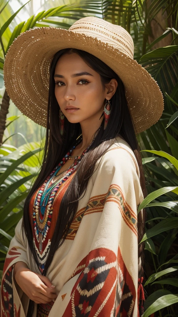 Very beautiful native american woman, traditional cloths, Sharp focus, hyper realistic, evening sunshine, jungle, close-up,