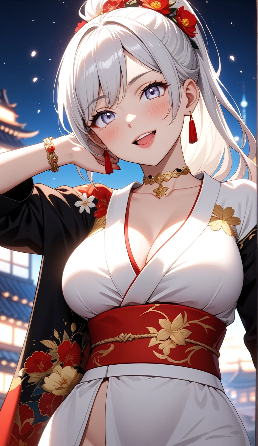 ((One personの女性)), Beautiful Face, (Laughing embarrassedly), (laugh:1.2),((Wink:1.9)), (head tilt:1.3), Laugh with your mouth wide open, upper teeth, ((Bright red cheeks:1.4)),Shiny red lips,rooftop, firework, Glossy red lips, (spot light), ((Anime style background)),masterpiece, Highest quality, so beautiful,up to date, Complex details, (Pink long nails),(ring),(bracelet),(Floral choker),AI-generated, Complex,High resolution, Highest quality, super high quality,3D Images、3D Images,One person,Long white hair,High Ponytail, Anime woman posing for a photo,(blue eyes), ((Fine grain、Silvery white colorful eyes、Shining Eyes:1.3)), (Squint your eyes:1.1),a hyperRealistic , hyperRealistic , Realistic,Anime woman with long white hair, Smooth anime CG art, A woman in a colorful kimono with gold embroidery, (Black long sleeve kimono),Red floral pattern,Long flower hair ornament,Earrings,Mature Body,(Big Breasts:1.1),Tall,Abdominal muscles,Tight waist,(Zoom up to face:1.4), (front view),