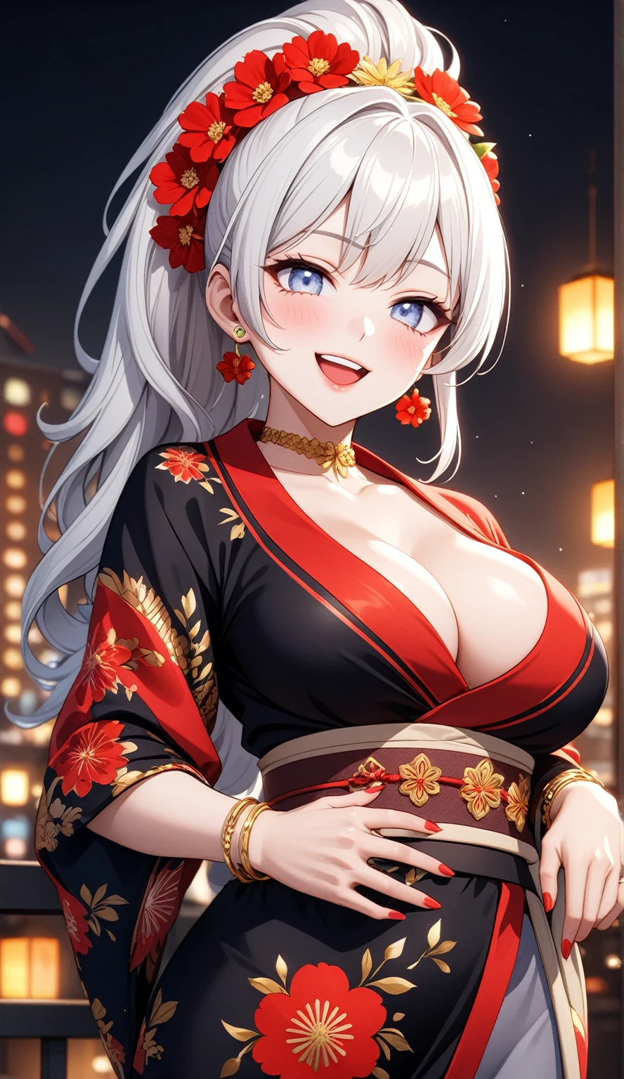 ((One personの女性)), Beautiful Face, (Laughing embarrassedly), (laugh:1.2),((Wink:1.9)), (head tilt:1.3), Laugh with your mouth wide open, upper teeth, ((Bright red cheeks:1.4)),Shiny red lips,rooftop, firework, Glossy red lips, (spot light), ((Anime style background)),masterpiece, Highest quality, so beautiful,up to date, Complex details, (Pink long nails),(ring),(bracelet),(Floral choker),AI-generated, Complex,High resolution, Highest quality, super high quality,3D Images、3D Images,One person,Long white hair,High Ponytail, Anime woman posing for a photo,(blue eyes), ((Fine grain、Silvery white colorful eyes、Shining Eyes:1.3)), (Squint your eyes:1.1),a hyperRealistic , hyperRealistic , Realistic,Anime woman with long white hair, Smooth anime CG art, A woman in a colorful kimono with gold embroidery, (Black long sleeve kimono),Red floral pattern,Long flower hair ornament,Earrings,Mature Body,(Big Breasts:1.1),Tall,Abdominal muscles,Tight waist,(Zoom up to face:1.4), (front view),