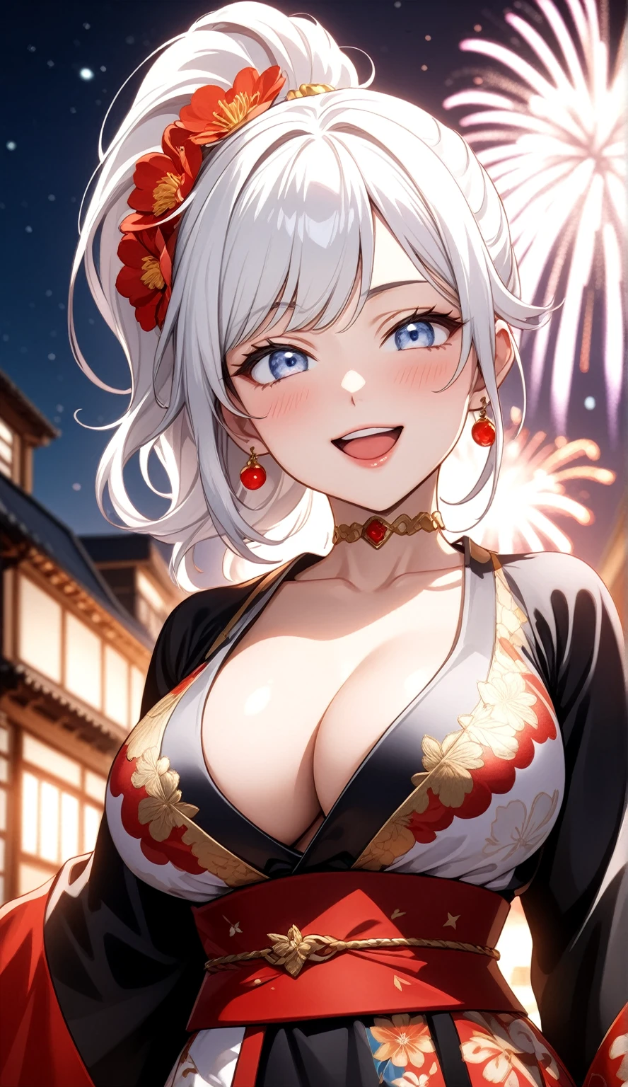 ((One personの女性)), Beautiful Face, (Laughing embarrassedly), (laugh:1.2),((Wink:1.9)), (head tilt:1.3), Laugh with your mouth wide open, upper teeth, ((Bright red cheeks:1.4)),Shiny red lips,rooftop, firework, Glossy red lips, (spot light), ((Anime style background)),masterpiece, Highest quality, so beautiful,up to date, Complex details, (Pink long nails),(ring),(bracelet),(Floral choker),AI-generated, Complex,High resolution, Highest quality, super high quality,3D Images、3D Images,One person,Long white hair,High Ponytail, Anime woman posing for a photo,(blue eyes), ((Fine grain、Silvery white colorful eyes、Shining Eyes:1.3)), (Squint your eyes:1.1),a hyperRealistic , hyperRealistic , Realistic,Anime woman with long white hair, Smooth anime CG art, A woman in a colorful kimono with gold embroidery, (Black long sleeve kimono),Red floral pattern,Long flower hair ornament,Earrings,Mature Body,(Big Breasts:1.1),Tall,Abdominal muscles,Tight waist,(Zoom up to face:1.4), (front view),