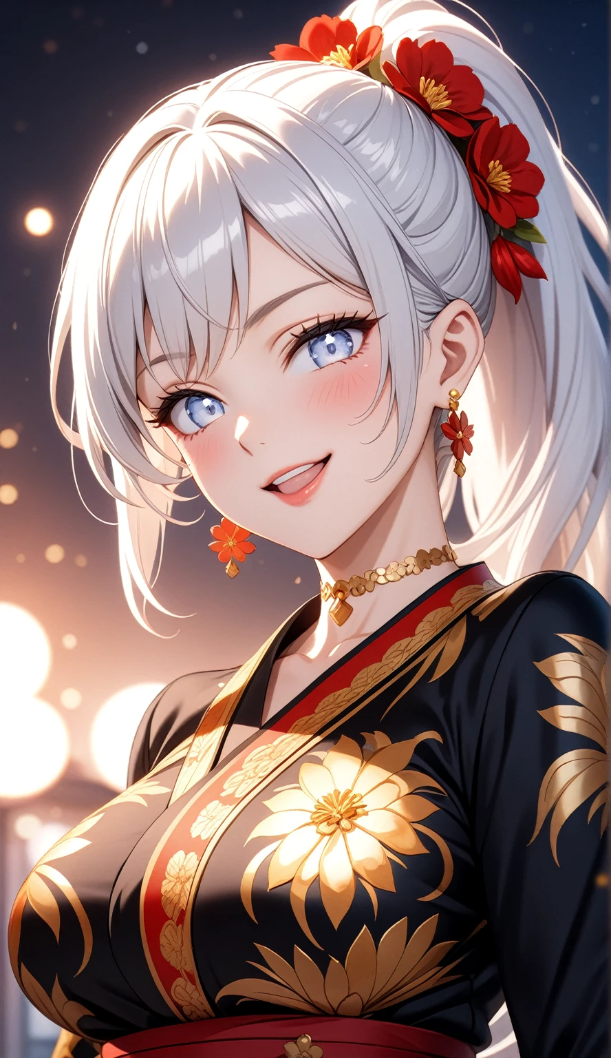 ((One personの女性)), Beautiful Face, (Laughing embarrassedly), (laugh:1.2),((Wink:1.9)), (head tilt:1.3), Laugh with your mouth wide open, upper teeth, ((Bright red cheeks:1.4)),Shiny red lips,rooftop, firework, Glossy red lips, (spot light), ((Anime style background)),masterpiece, Highest quality, so beautiful,up to date, Complex details, (Pink long nails),(ring),(bracelet),(Floral choker),AI-generated, Complex,High resolution, Highest quality, super high quality,3D Images、3D Images,One person,Long white hair,High Ponytail, Anime woman posing for a photo,(blue eyes), ((Fine grain、Silvery white colorful eyes、Shining Eyes:1.3)), (Squint your eyes:1.1),a hyperRealistic , hyperRealistic , Realistic,Anime woman with long white hair, Smooth anime CG art, A woman in a colorful kimono with gold embroidery, (Black long sleeve kimono),Red floral pattern,Long flower hair ornament,Earrings,Mature Body,(Big Breasts:1.1),Tall,Abdominal muscles,Tight waist,(Zoom up to face:1.4), (front view),