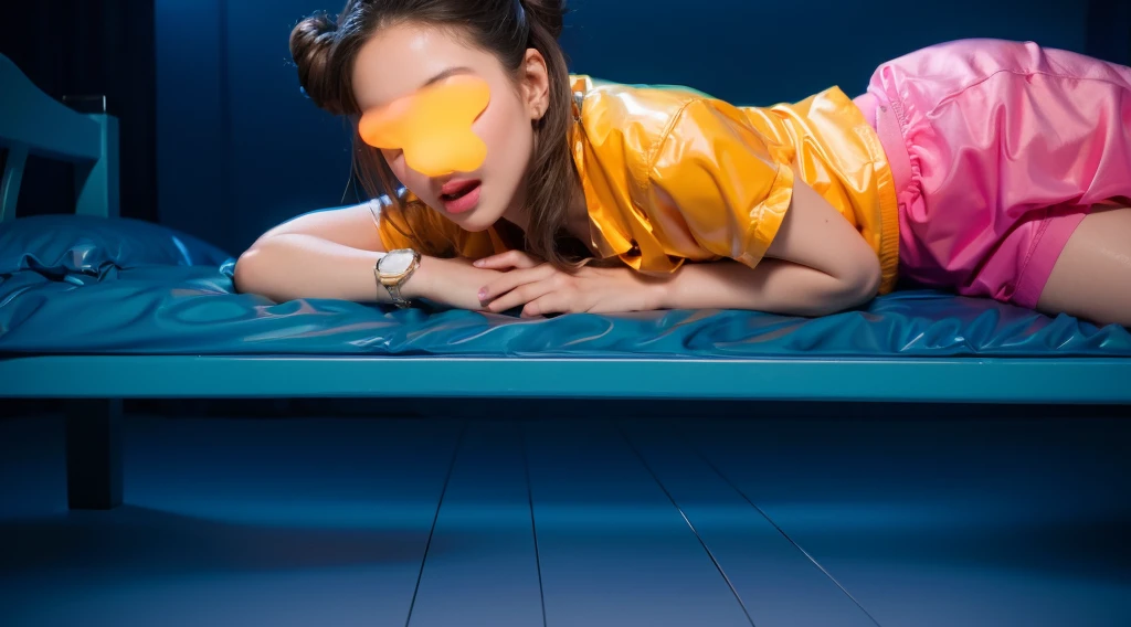 The image shows a girl lying on a bed. She is wearing a white t-shirt and pink shorts. The girl is resting her head on her hands, and her hair is styled in two buns. Her face is obscured, adding an element of mystery to the image. The bed and pillow are blue, and the background is also in deep blue tones, creating a monochromatic color scheme. The floor is made of wood and shares the same blue hue. The atmosphere of the scene is calm and mysterious, with a focus on the girl lying on the bed. clouds, A 3D, glossy scene featuring two adorable latex-like purple cats with a shiny, plastic finish. The cats have large, expressive eyes and are positioned playfully on fluffy clouds in the night sky. The lighting is realistic, highlighting the glossy, reflective surfaces of the cats clouds and creating a vibrant, magical atmosphere. The overall clouds effect is smooth and polished, with the latex clouds and plastic textures enhancing the whimsical and lifelike appearance of the characters. cloudsмультяшный рендеринг ключевого кадра, милый 3D рендеринг,,Create ultra sharp цветной рендеринг zbrush. perfect cgi, cgi art created only with gradients, smooth silhouette, Create ultra sharp skin, high intensity refraction, (plastic material), most beautiful vfx, blue background, plastic refractions, glossy texture, smooth 3d model, multiple light sources, rim light, sharp post effects render, (glossy plastic texture with multiple big light probe refractions), perfect cgi, cgi art created only with gradients, smooth silhouette, high intensity refraction, (plastic material), most beautiful vfx, blue background