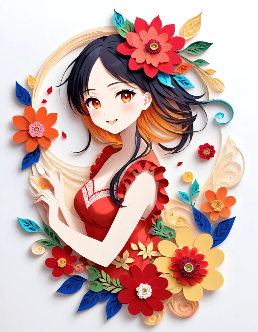 Paper cutting art,(Flat paper cutout，Paper Art，layered Paper Art，Paper Quilting, Digital Art),against a pure white background,(High detail, masterpiece, Highest quality, Ultra-high resolution),woman、womanを画像サイズ内に描く、Upper Body、From the waist up、Eyes are patchy、Sparkling eyes、Non-rev�ve clothing、She is wearing a dress with frills and lace.、flower、Facing forward、laughing、Long Hair、flowerの種類変えて、Change the pose、Change your body position、Change your body position、Red and orange as main colors、Change your hairstyle、Change your hair color、Change your clothes、