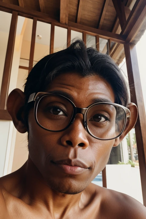 Monkey wearing glass taking closeup selfie