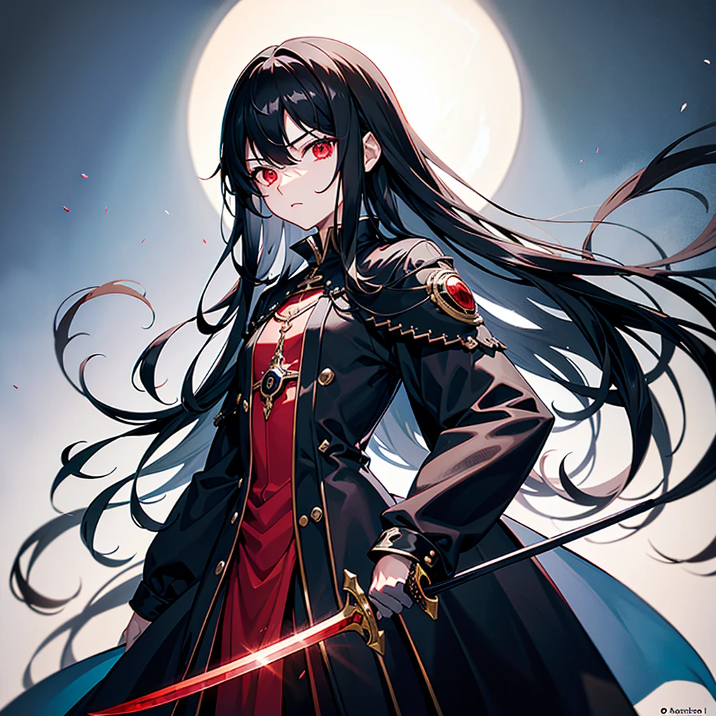 high détail, Clarity, 8 kK, black throne, young guy, , black hair, shorth hair, scarlet eyes, black sword, Longsword, blade full of macabre eyes, aura of blood, anime illustration, front pose