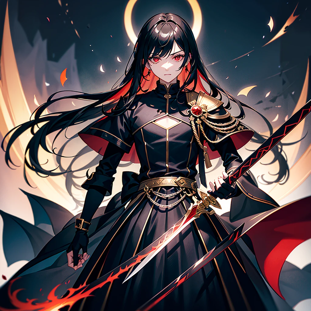 high détail, Clarity, 8 kK, black throne, young guy, , black hair, shorth hair, scarlet eyes, black sword, Longsword, blade full of macabre eyes, aura of blood, anime illustration, front pose