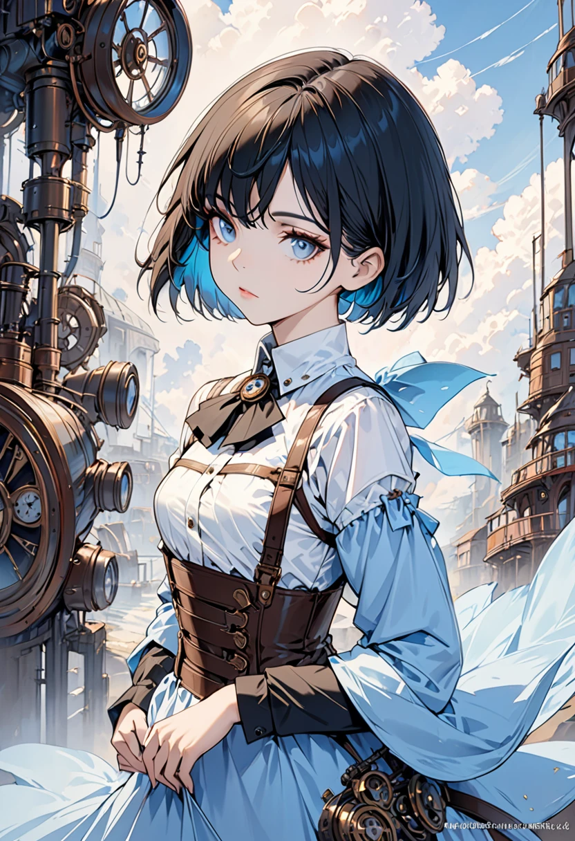 One girl, human, expressionless, beautiful girl, short bob, light blue, steampunk, eye patch, masterpiece, best quality, digital painting