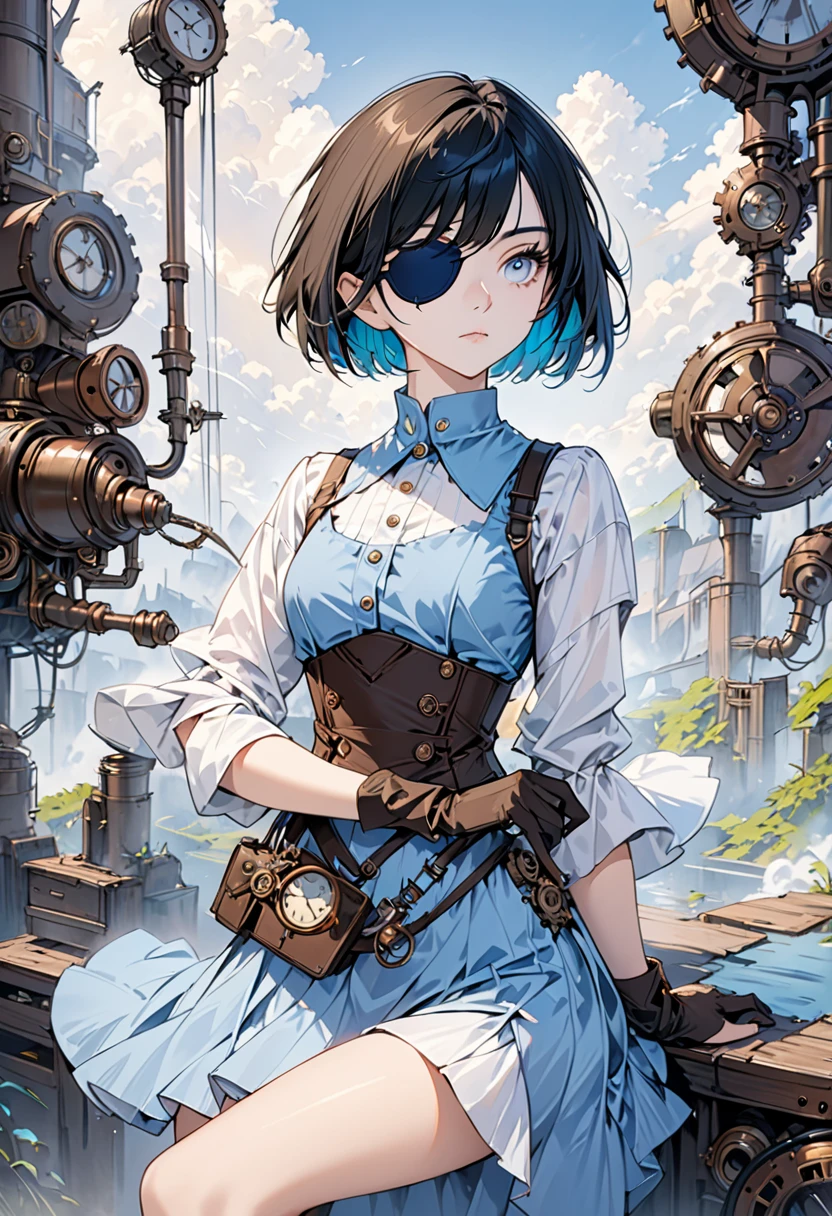 One girl, human, expressionless, beautiful girl, short bob, light blue, steampunk, eye patch, masterpiece, best quality, digital painting