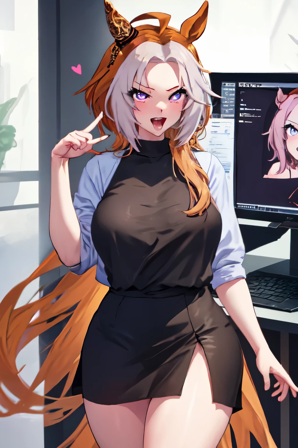 masterpiece, Highest quality, 1 person,( Are standing, View your viewers),Detailed Background、A person who writes in detail、Accurate human body、Knowledgeable person、Accurate 5 fingers, woman,Thick thighs,Curvy body,alone, orfevre\(umamusume\),black short skirt,ahegao,A womanon video call having sex and playing on the computer, 1girl, hetero, heart-shaped pupils, tongue out, open mouth