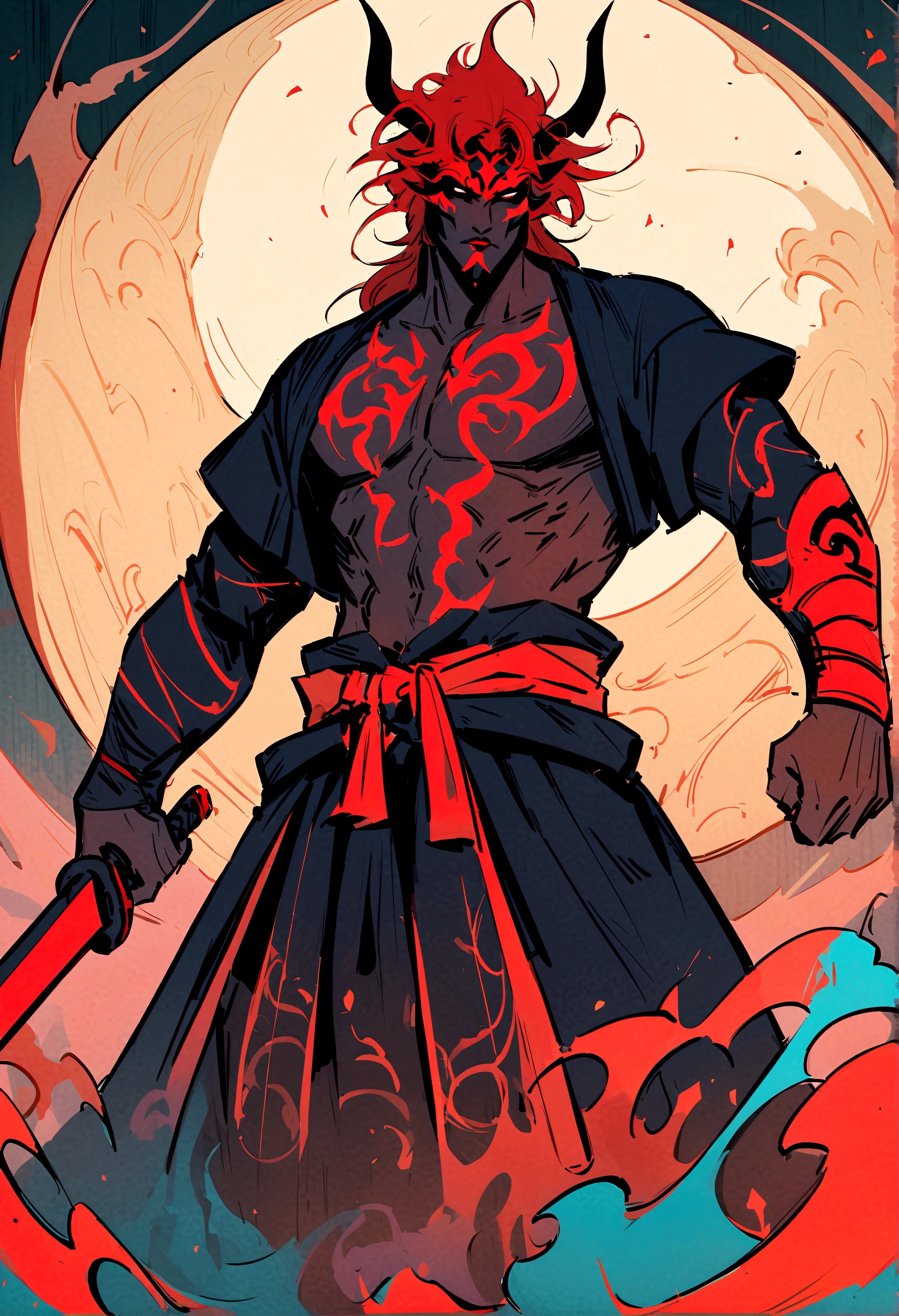 a drawing of a man with a sword and a demon, beautiful male god of death, mohrbacher, Inspired by Shunkōsai Hokushū, in the art style of mohrbacher, asura from chinese myth, the god of chaos, inspired by Ryūkōsai Jokei, in style of peter mohrbacher
