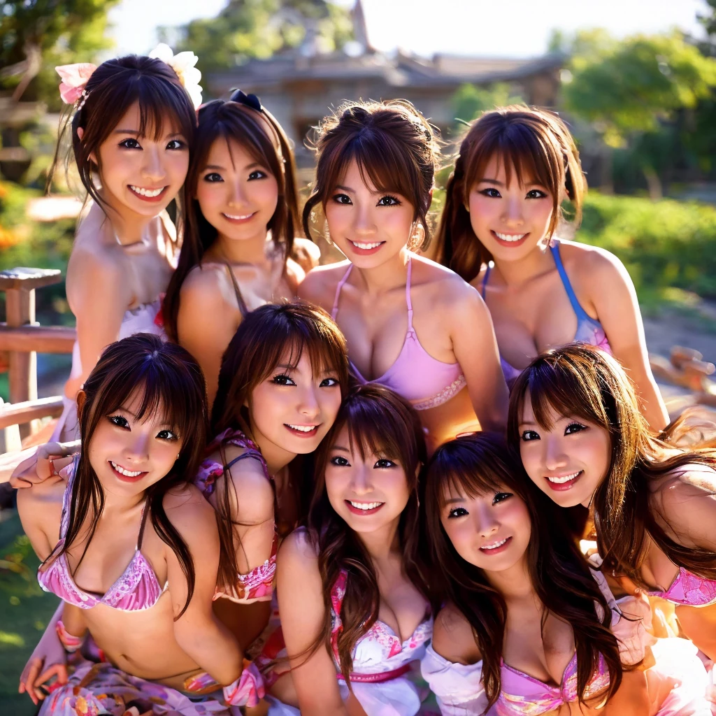 Close-up、masterpiece, 4K, Bokeh, , Beautiful girls, Group photo, Harem, Multiple Girls, (Japanese Idols:1.6), Bob Hair, close, classroom, sunset, Looking at the audience, Cowboy Shot