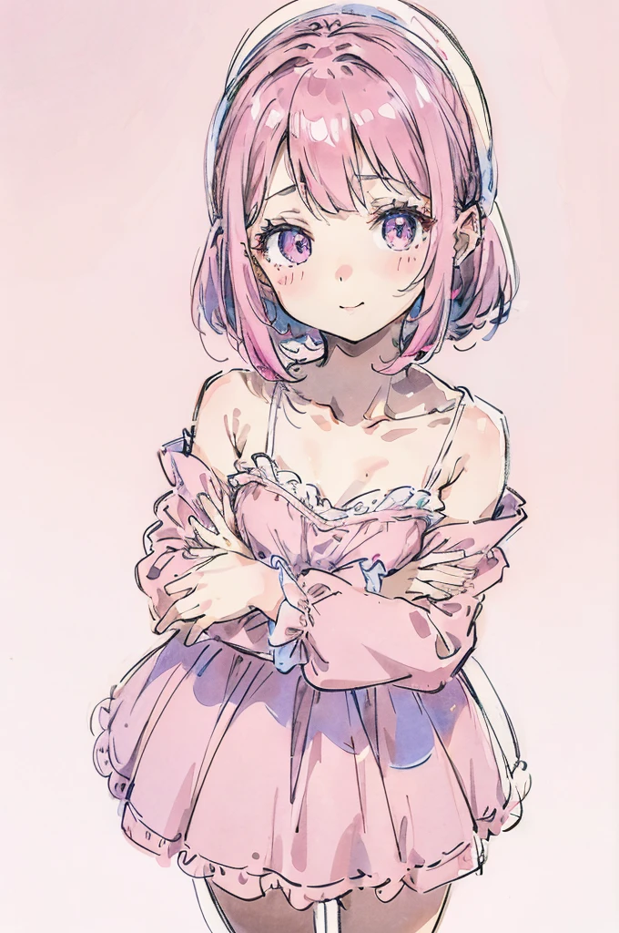 1girl(fate stay night, Matou Sakura, purple hair, side hair ribbon, white camisole, pink cardigan, light pink skirt, light smile), Don&#39;t expose your shoulders