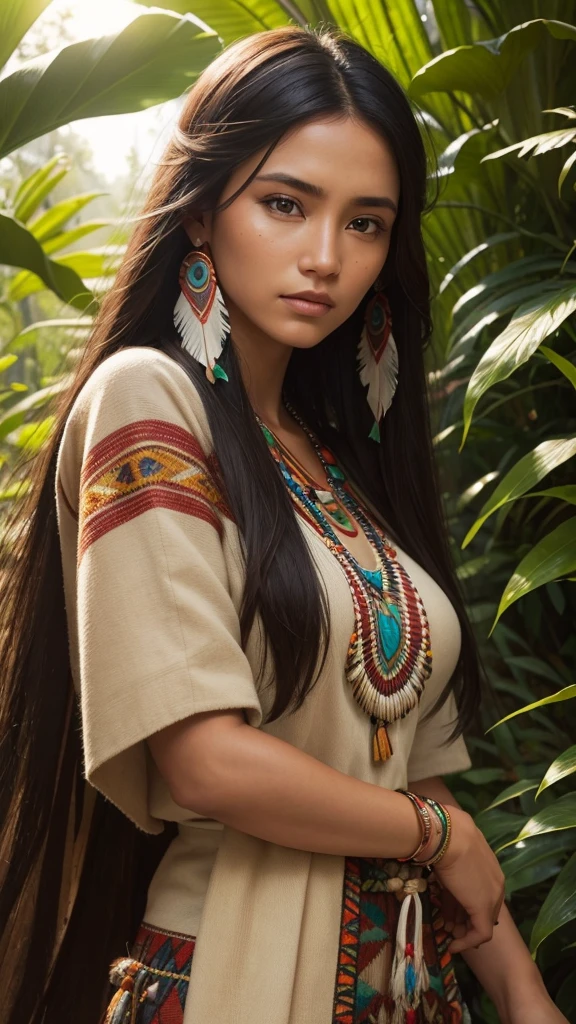 Very beautiful native american woman, traditional cloths, Sharp focus, hyper realistic, evening sunshine, jungle, close-up,