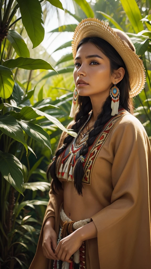 Very beautiful native american woman, traditional cloths, Sharp focus, hyper realistic, evening sunshine, jungle, close-up,