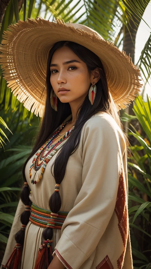 Very beautiful native american woman, traditional cloths, Sharp focus, hyper realistic, evening sunshine, jungle, close-up,