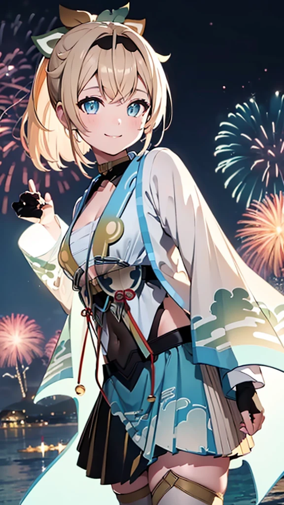 (masterpiece, Highest quality, Super detailed),One girl,((super fine illustration)),((cute eyes,highly detailed skin)),((smile)),(well endowed,Blessed,Captivating body、Detailed Background)、(yukata:1.5),firework,(大量のfirework,Night view,Ocean)、Festivals、(1girl, kazama iroha, blonde hair, fingerless gloves, japanese clothes, white thighhighs, haori, black gloves, bangs, pleated skirt, ponytail, chest sarashi, blue eyes, black hairband, hair ornament, leaf hair ornament, long sleeves, covered navel, breasts)