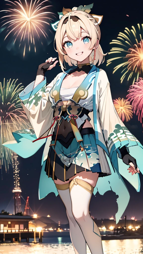 (masterpiece, Highest quality, Super detailed),One girl,((super fine illustration)),((cute eyes,highly detailed skin)),((smile)),(well endowed,Blessed,Captivating body、Detailed Background)、(yukata:1.5),firework,(大量のfirework,Night view,Ocean)、Festivals、(1girl, kazama iroha, blonde hair, fingerless gloves, japanese clothes, white thighhighs, haori, black gloves, bangs, pleated skirt, ponytail, chest sarashi, blue eyes, black hairband, hair ornament, leaf hair ornament, long sleeves, covered navel, breasts)