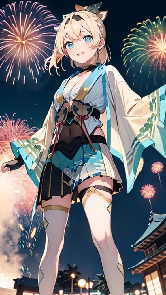 (masterpiece, Highest quality, Super detailed),One girl,((super fine illustration)),((cute eyes,highly detailed skin)),((smile)),(well endowed,Blessed,Captivating body、Detailed Background)、(yukata:1.5),firework,(大量のfirework,Night view,Ocean)、Festivals、(1girl, kazama iroha, blonde hair, fingerless gloves, japanese clothes, white thighhighs, haori, black gloves, bangs, pleated skirt, ponytail, chest sarashi, blue eyes, black hairband, hair ornament, leaf hair ornament, long sleeves, covered navel, breasts)