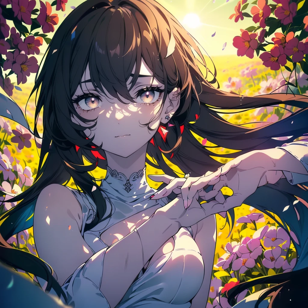 ((((Obra maestra, La mejor calidad, ultrahigh resolution)))), 1girl, standing, (((wearing a black tracksuit))), (long black hair in view, in frame), pale skin, ((brown eyes)), (glowing_eyes, luminescent eyes), (ultra detailed eyes:0.7, beautiful and detailed face, detailed eyes:0.9, beauty mark under eye:1.5), ((centered)), smile, ((wide shot)), facing viewer, (((vibrant background of outdoors, field of flowers, bright lighting, summer, sunlight))), flat chested, looking at viewer, ((perfect hands)), ((head:1, hips, elbows, arms, in view)), ((hands behind back)), beautiful lighting, defined subject, (18 years old), ((cool looking)), ((sun glare))