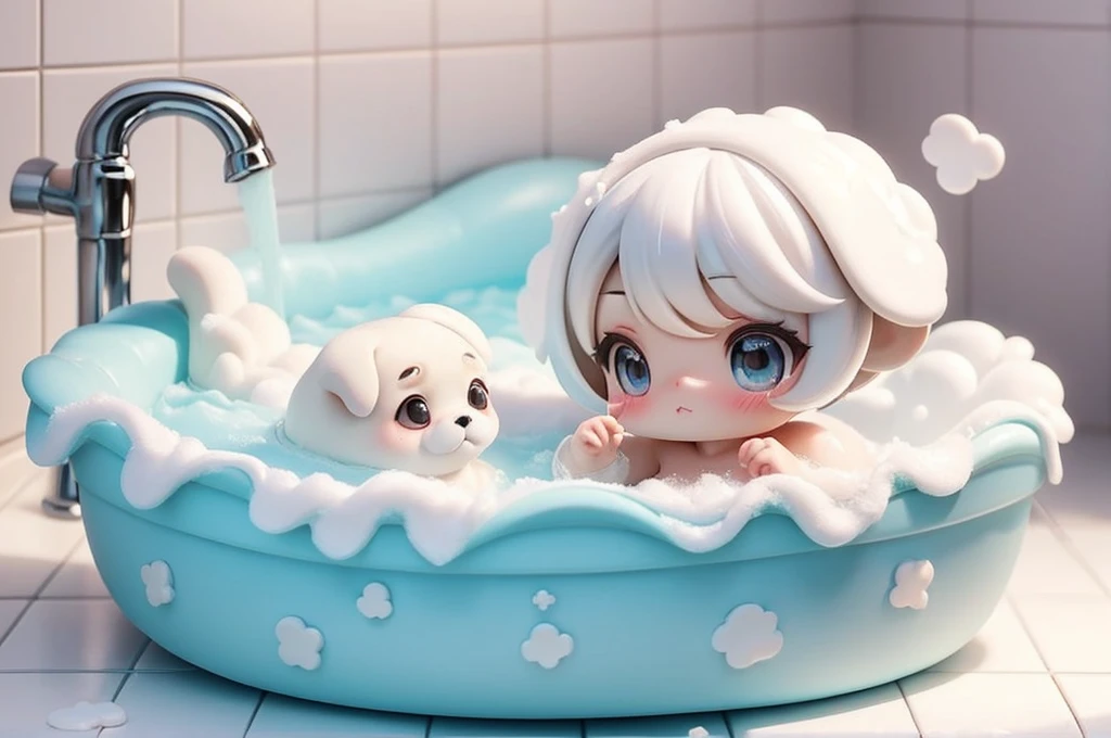 Relax in the bath: A scene where a pug is taking a bath in a small bathtub。Covered in foam、She looks so cute with her eyes half open and relaxed.。