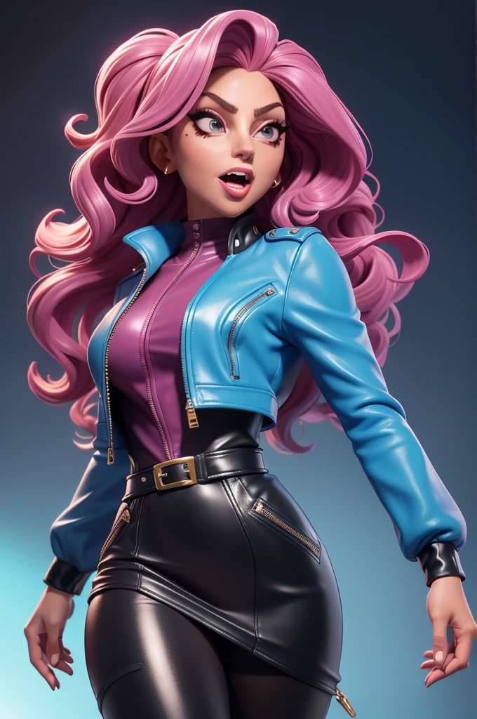 obra prima, melhor qualidade, ((only one woman,)) ((lady gaga, tan skin, wavy bob hair, open mouth,)) head back, (sassy wicked sultry sneer, big teeth smile,) open mouth, pucker mouth, sunglasses, thick smoky black eye shadow, long fake eyelashes, sticking tongue out, ((magenta leather jacket with puff shoulder,)) biker jacket has stiff collar, leather blouse, ((cerulean blue leather sweater dress, metallic leather sun dress, leather culottes,)) periwinkle blazer length leather coat, ((gold pvc skirt, pockets, unzipped front,)) studs zippers snaps, shiny leather gloves, nip slip, body is skinny, shiny tight buttocks, arched back, camera view of whole body, looking up at me, shallow depth of field, highres, HD, 8k, anatomically correct