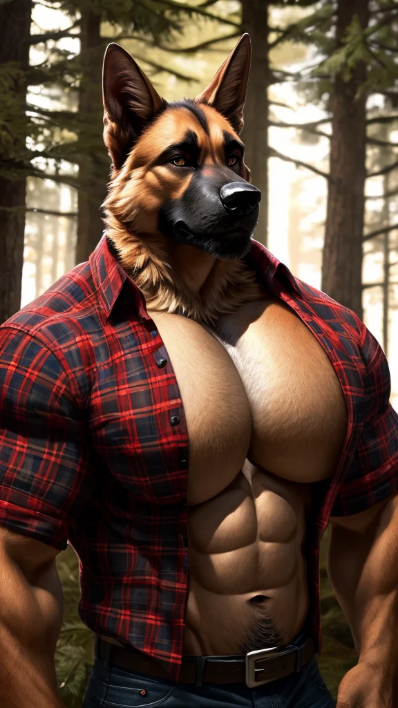 Dog, German shepherd, muscular, tall, huge, (((big pecs))), handsome, plaid shirt, unbutton shirt, lumberjack, forest, (((realistic, 8k, ultra details, masterpiece)))