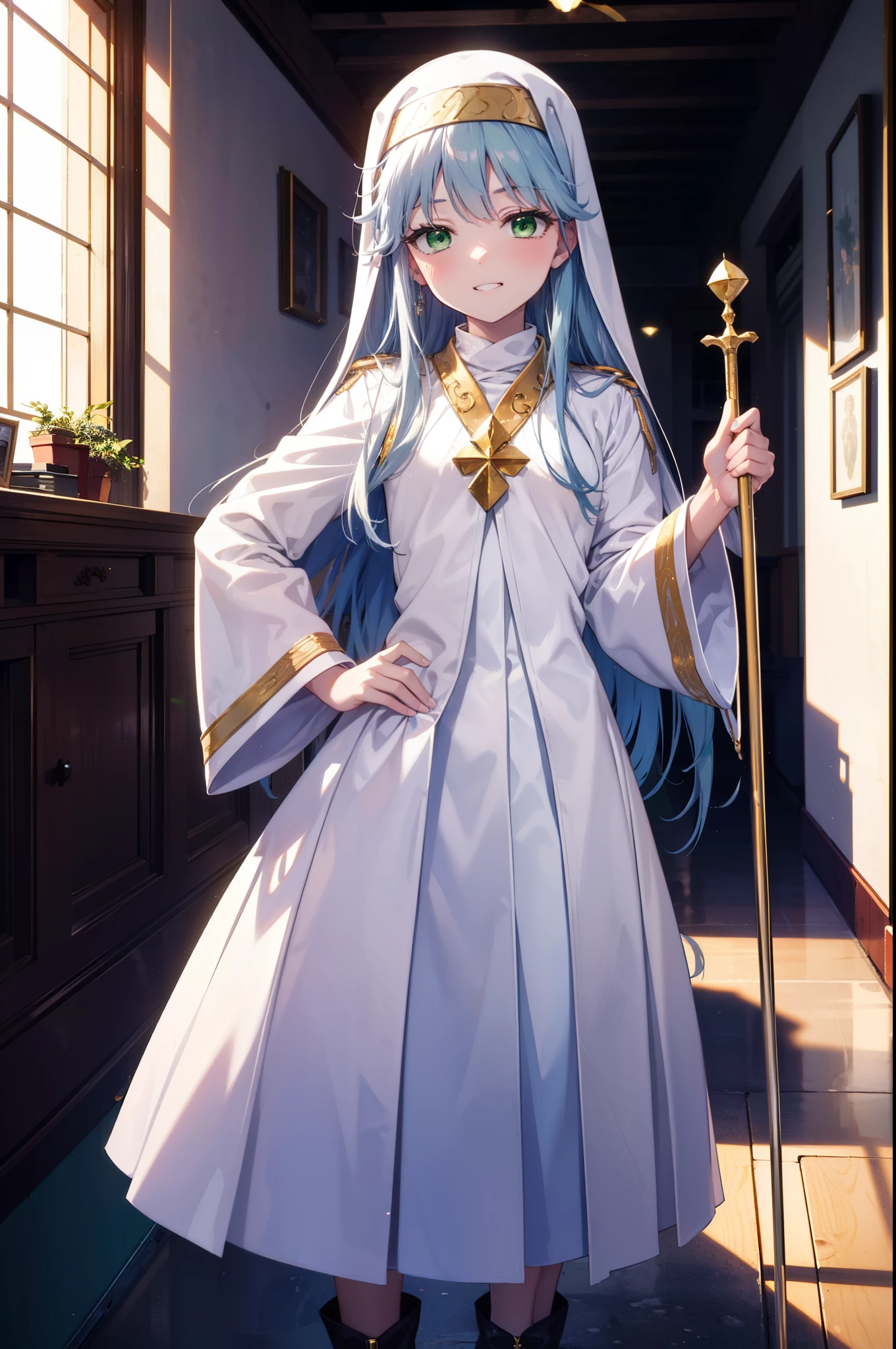 index, index, (Green Eyes:1.5), Silver Hair, Long Hair, (Flat Chest:1.2),Grin,
break habit, Long sleeve, Nuns, Robe, white Robe, Wide sleeves,Long skirt,boots,Put your right hand on your hip,In his left hand he holds a long sacred staff,whole bodyがイラストに入るように,
break looking at viewer, whole body,
break indoors, church,
break (masterpiece:1.2), Highest quality, High resolution, unity 8k wallpaper, (figure:0.8), (Beautiful attention to detail:1.6), Highly detailed face, Perfect lighting, Highly detailed CG, (Perfect hands, Perfect Anatomy),