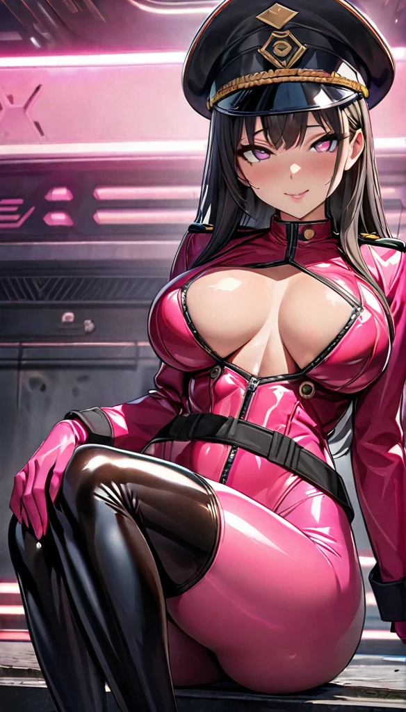 8k,masterpiece, cute,tall,beautiful,best quality, 1lady,black hair,long hair, beautiful eyes, (finely detailed empty pupils and detailed face),,,,extremely detailed cg unity 8k wallpaper,solo,(latex military costume:0.9),large breasts,seductive smile,military hat,latex thighhigh,large breasts,black hair,pink eyes,pink leotard,pantyhose,military coat,enamel suits,grossy lips,sitting,bust shot,sadistic smile,,heel,shiny skin,military coat,detailed face,beautiful body,full-body