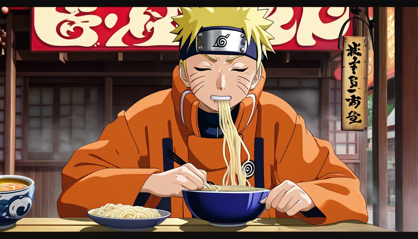 Anime screencap, anime screenshot, Naruto slurps noodles into his mouth, broth dripping down his chin as he savors the flavor.He sits at a small table outside a run-down ramen shack, steam rising from the steaming bowl. The neon sign above flickers, reading "Ichiraku Ramen". Naruto's eyes are closed in bliss as he chews, slurping loudly. His orange jumpsuit is stained with grease and food, but he doesn't care - this is his favorite meal. *He takes another noisy slurp, the camera zooming in on the steaming hot noodles.