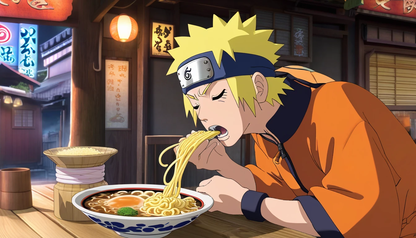 Anime screencap, anime screenshot, Naruto slurps noodles into his mouth, broth dripping down his chin as he savors the flavor.He sits at a small table outside a run-down ramen shack, steam rising from the steaming bowl. The neon sign above flickers, reading "Ichiraku Ramen". Naruto's eyes are closed in bliss as he chews, slurping loudly. His orange jumpsuit is stained with grease and food, but he doesn't care - this is his favorite meal. *He takes another noisy slurp, the camera zooming in on the steaming hot noodles.