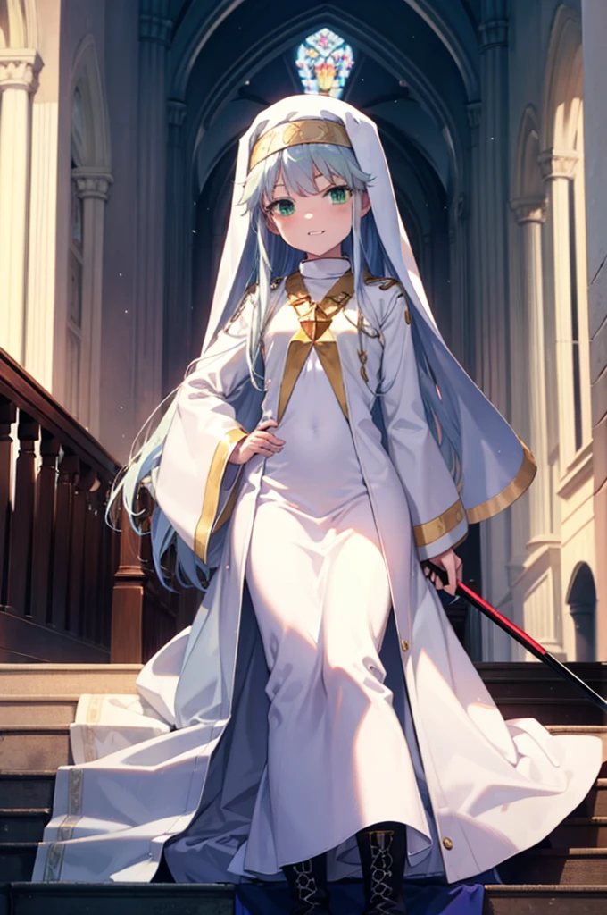 index, index, (Green Eyes:1.5), Silver Hair, Long Hair, (Flat Chest:1.2),Grin,
break habit, Long sleeve, Nuns, Robe, white Robe, Wide sleeves,Long skirt,boots,Put your right hand on your hip,In his left hand he holds a long sacred staff,whole bodyがイラストに入るように,
break looking at viewer, whole body,
break indoors, church,
break (masterpiece:1.2), Highest quality, High resolution, unity 8k wallpaper, (figure:0.8), (Beautiful attention to detail:1.6), Highly detailed face, Perfect lighting, Highly detailed CG, (Perfect hands, Perfect Anatomy),