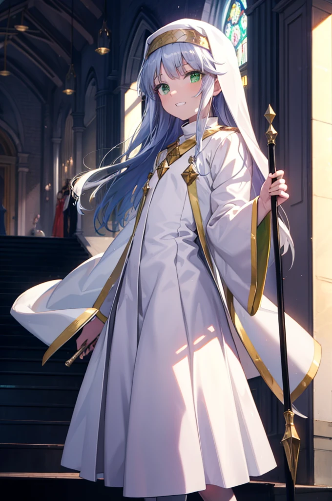 index, index, (Green Eyes:1.5), Silver Hair, Long Hair, (Flat Chest:1.2),Grin,
break habit, Long sleeve, Nuns, Robe, white Robe, Wide sleeves,Long skirt,boots,Put your right hand on your hip,In his left hand he holds a long sacred staff,whole bodyがイラストに入るように,
break looking at viewer, whole body,
break indoors, church,
break (masterpiece:1.2), Highest quality, High resolution, unity 8k wallpaper, (figure:0.8), (Beautiful attention to detail:1.6), Highly detailed face, Perfect lighting, Highly detailed CG, (Perfect hands, Perfect Anatomy),