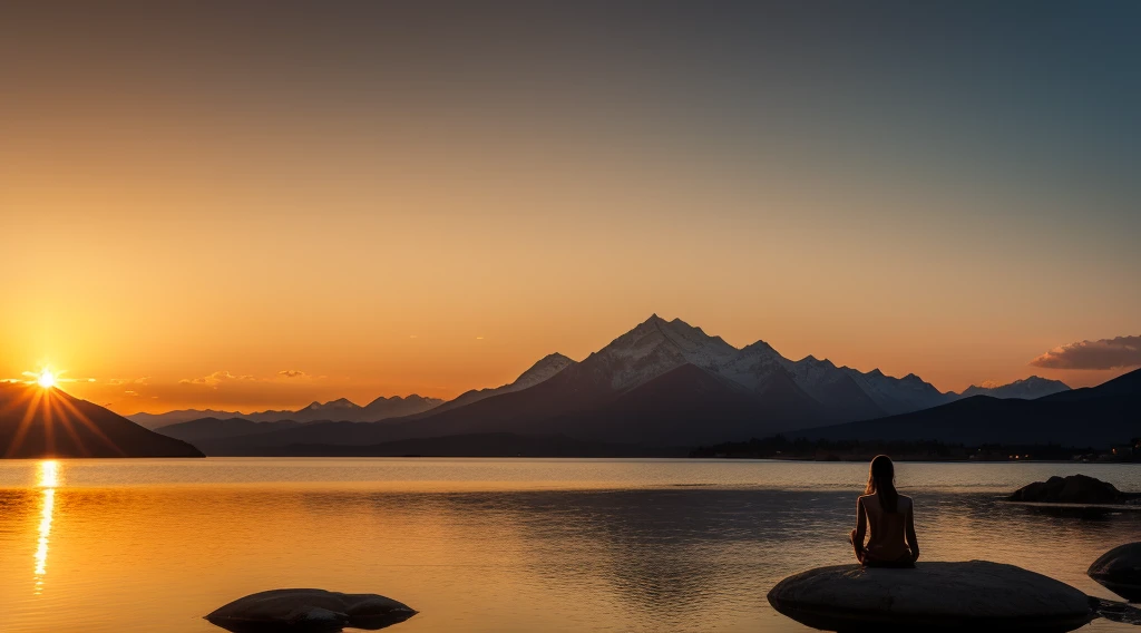 A breathtaking scene with a spectacular sunset over a calm lake surrounded by majestic mountains. In the center of the image, a person stands with their hands clasped in prayer and their eyes closed in deep meditation. Just above them, an artistic representation of God, surrounded by a divine aura of light, gazes compassionately upon the meditating person. The golden light of the setting sun bathes the scenery, creating a tranquil and spiritual atmosphere
