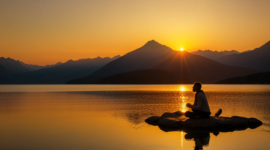 A breathtaking scene with a spectacular sunset over a calm lake surrounded by majestic mountains. In the center of the image, a person stands with their hands clasped in prayer and their eyes closed in deep meditation. Just above them, an artistic representation of God, surrounded by a divine aura of light, gazes compassionately upon the meditating person. The golden light of the setting sun bathes the scenery, creating a tranquil and spiritual atmosphere