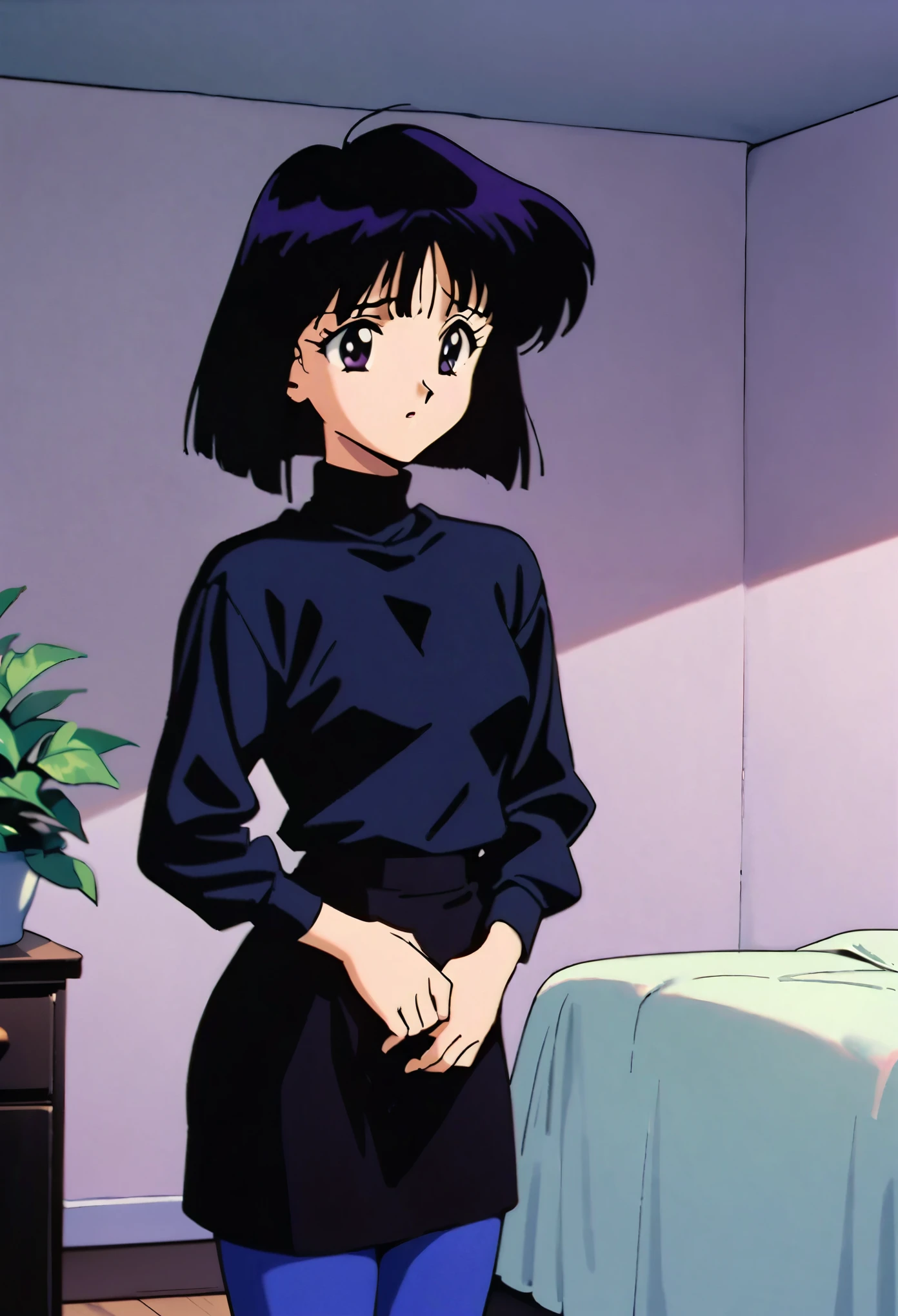 masterpiece,Best quality,very aesthetic,absurdity,Sailor Saturn XL,1990-е годы \(style\),1 girl,One,short hair,black hair,purple eyes,turtleneck,long sleeves,black shirt,Black miniskirt,blue tights,standing,Bedroom,Bed,sad,cowboy shot,