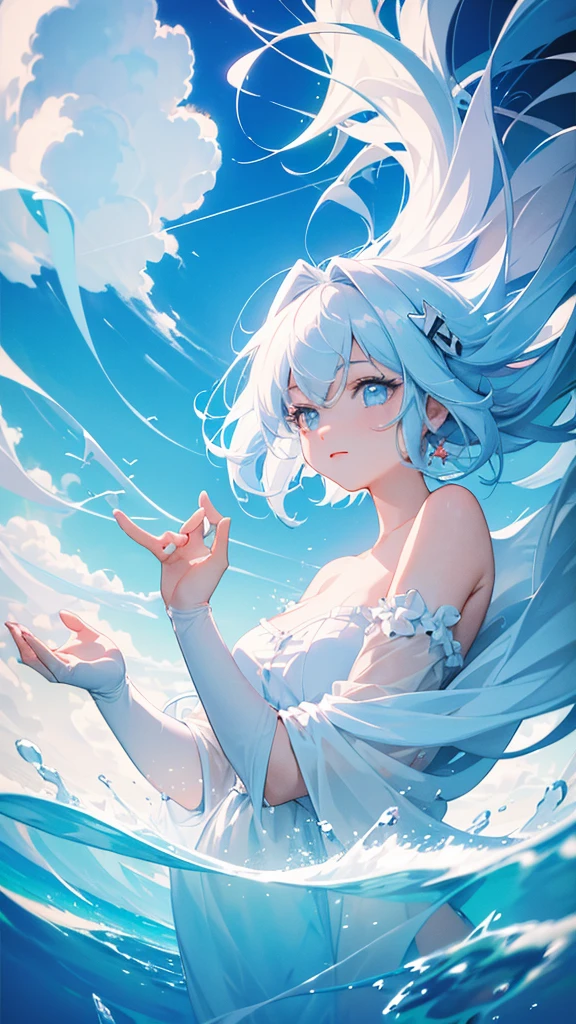 masterpiece, best quality, movie still, 1girl, floating in the sky, cloud girl, cloud, (close-up:1.1), bright, happy, fun, soft lighting, (Bauhaus, shapes, lines, abstract:1.1)